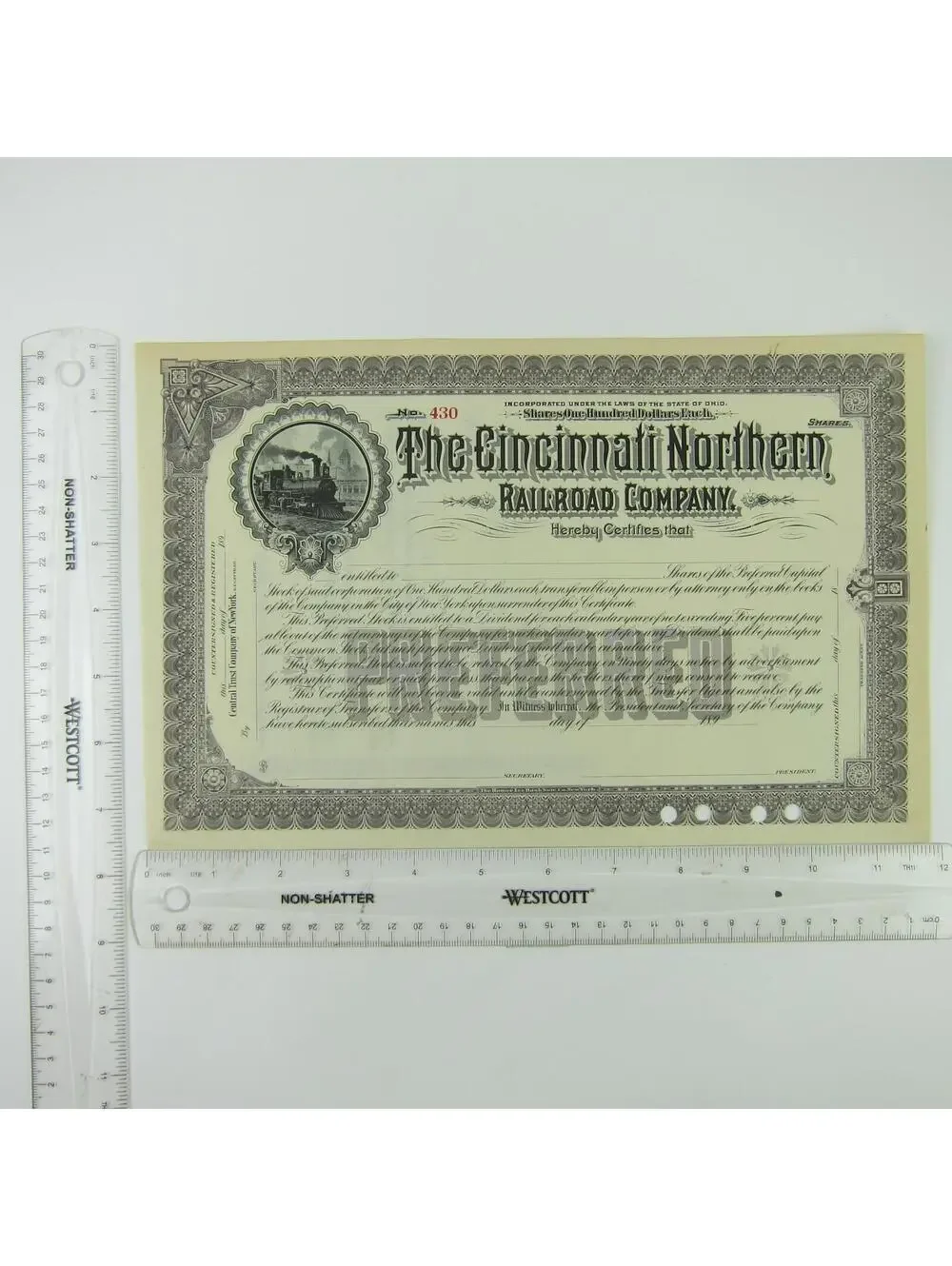 Antique 1890s Cincinnati Northern Railroad Co Stock Certificate Railroad Stocks